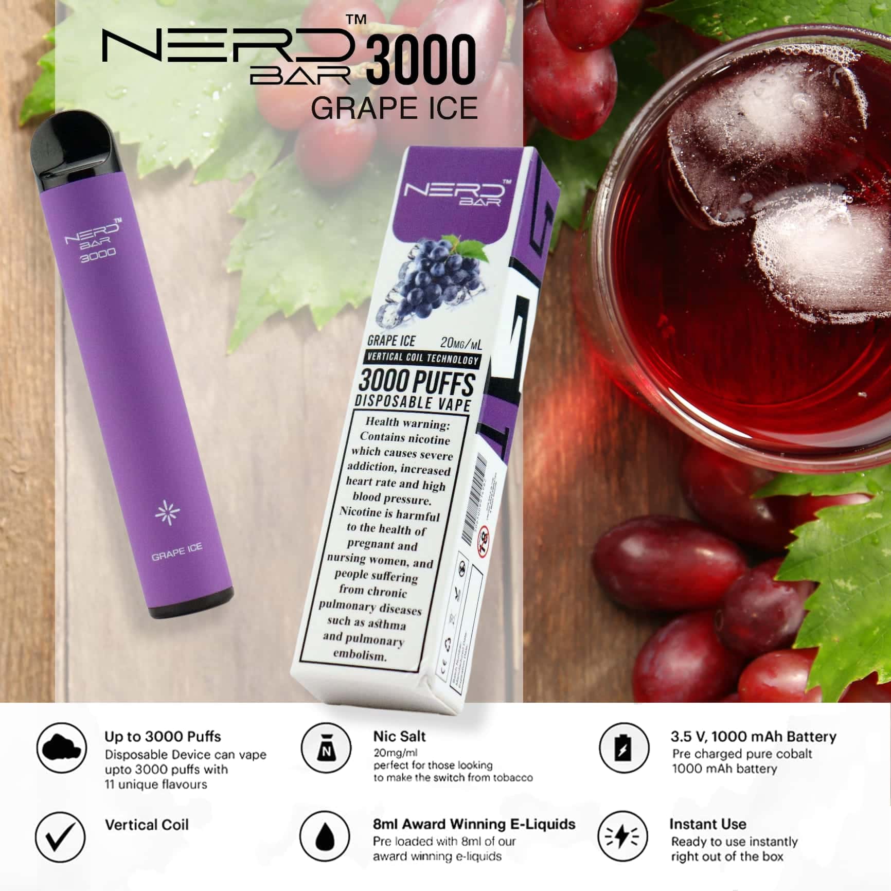 Nerd Bar 3000 Puffs Disposable Vape Grape Ice Nerd Bar 3000 Puffs Disposable Vape Grape Ice