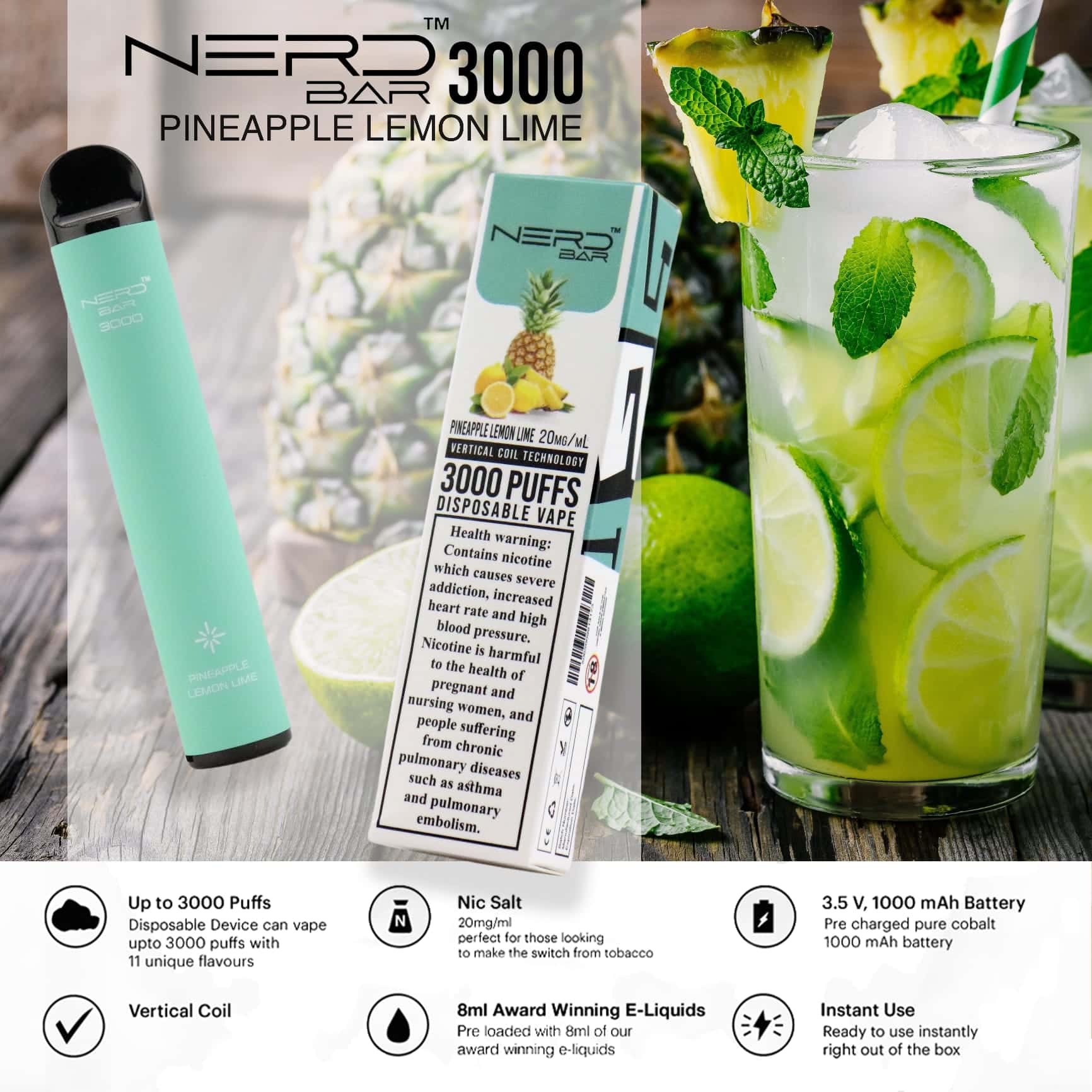 Pineapple-Lemon-Lime-By-NERD-BAR-Disposable-Pod-3000-Puffs Nerd Bar 3000 Puffs Disposable Vape Pineallpe Lemon Lime