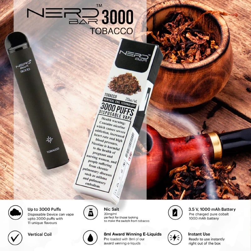Tobacco-By-NERD-BAR-Disposable-Pod-3000-Puffs Nerd Bar 3000 Puffs Disposable Vape Tobacco